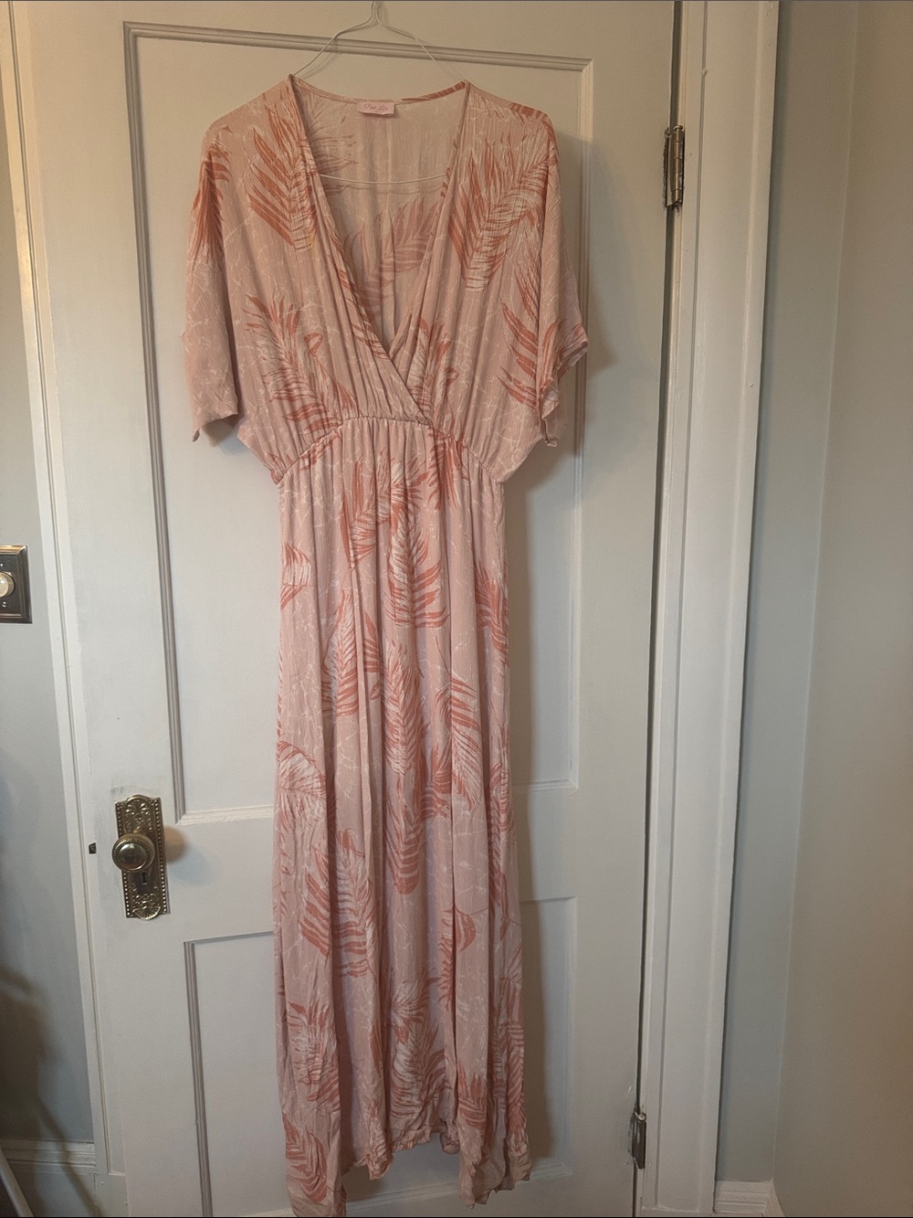 Pink Lily Blush Pink and Coral Leaf-Print Maxi Dress